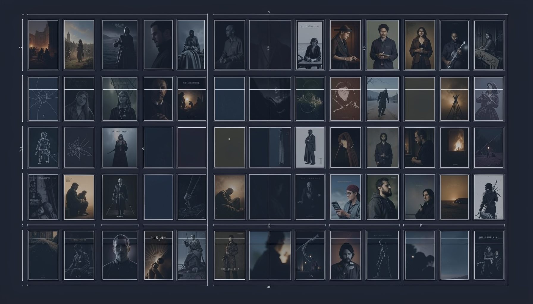 A dark atmospheric grid of thumbnail photo album covers in muted tones of deep blue, charcoal, and soft amber, arranged in a dense mosaic