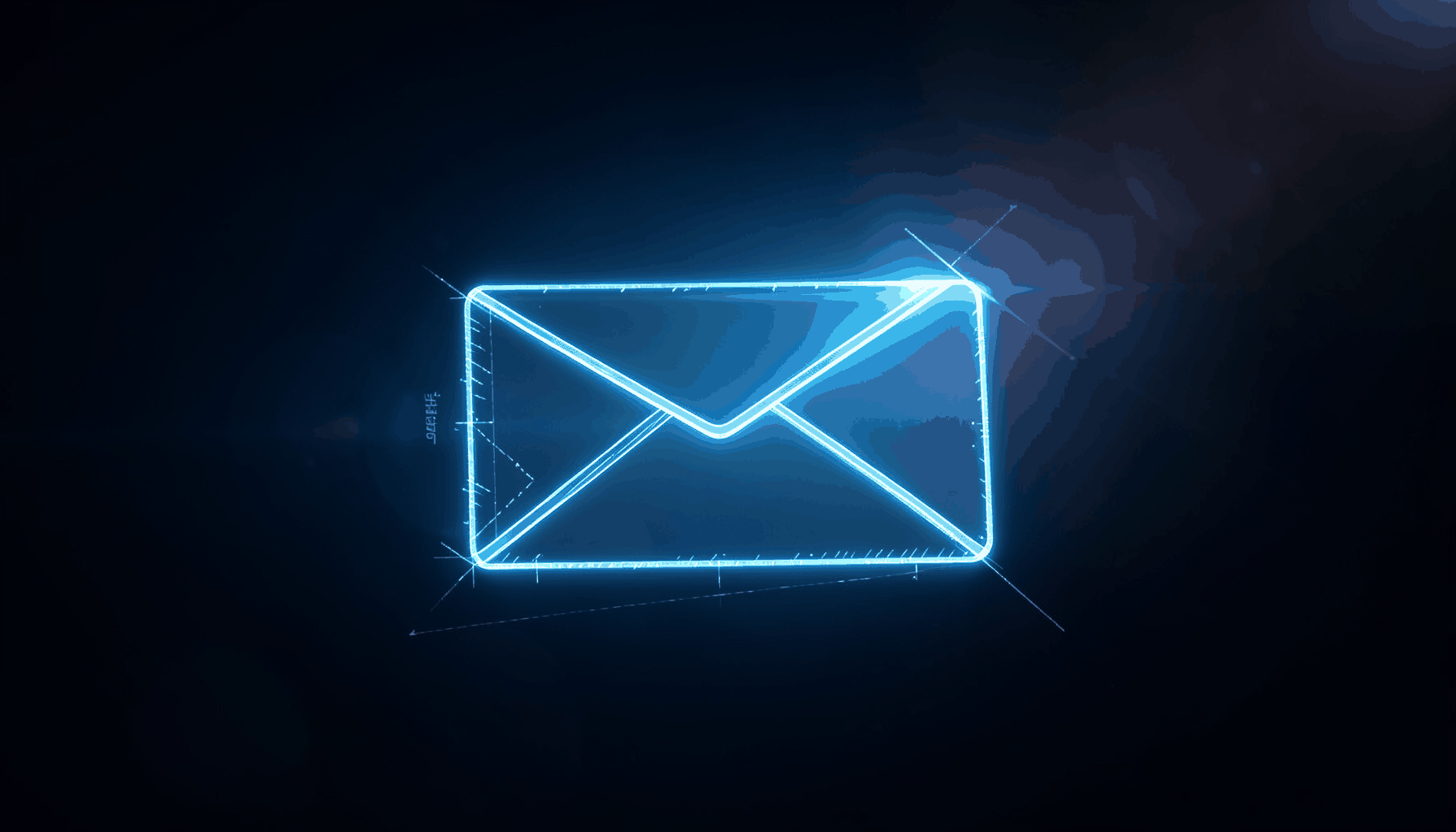 A glowing blue envelope icon on a dark gradient background with soft lens flare, conveying a moody and tech-oriented atmosphere.