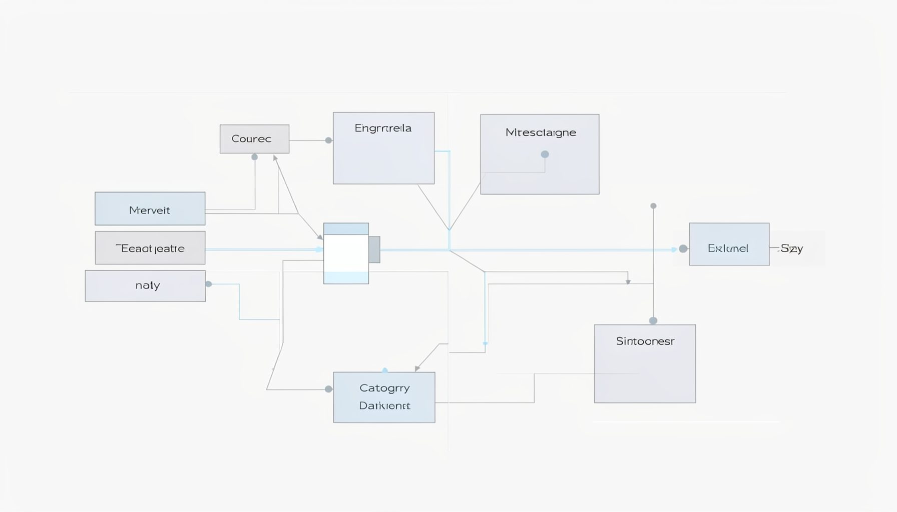 Clean technical diagram of interconnected content blocks and category nodes, rendered in muted grays and soft blue accents