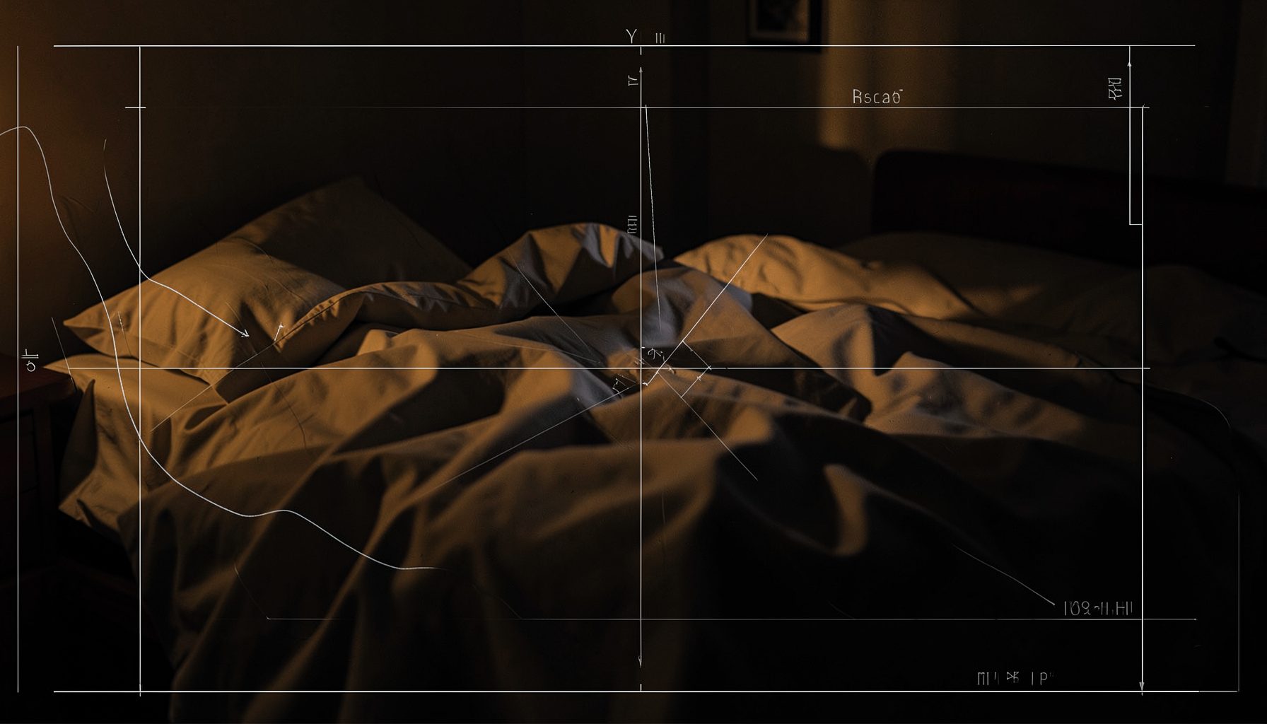 A dimly lit bedroom scene with soft amber and deep shadow tones, rumpled bedsheets in muted cream and charcoal, suggesting an intimate private setting.