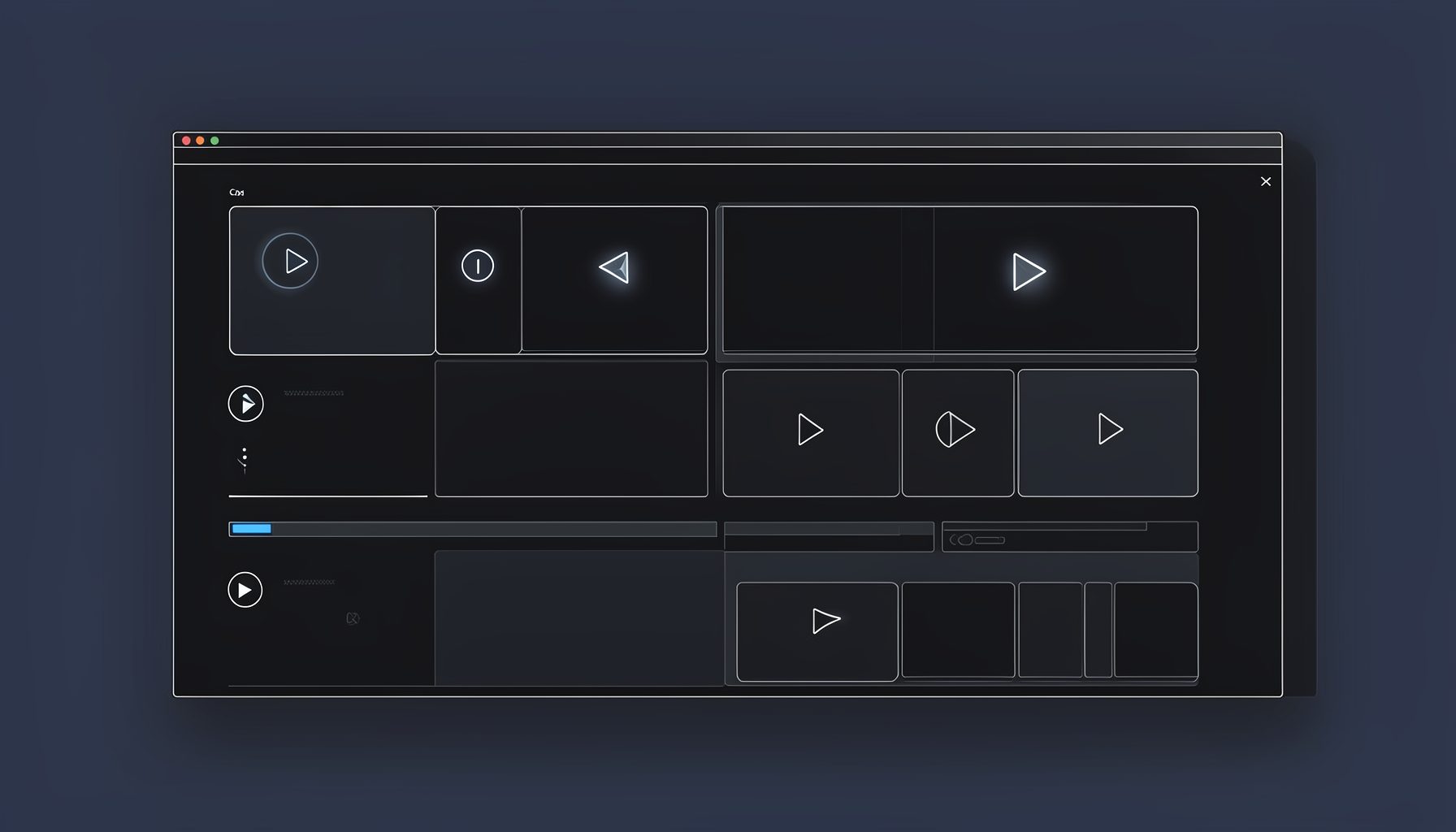 A sleek dark interface mockup with glowing play-button icons and thumbnail grids in muted charcoal and slate tones, evoking a media-rich browsing experience.